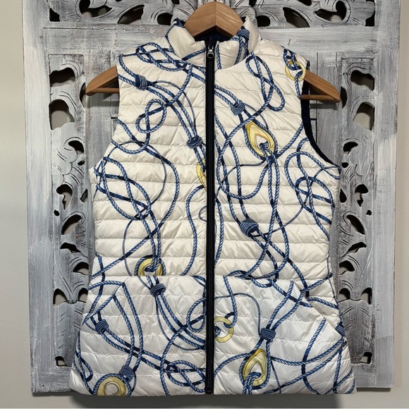 J. McLaughlin White/Blue Togglewood Tahoe Reversible Down Puffer Vest NWT - Picture 1 of 13